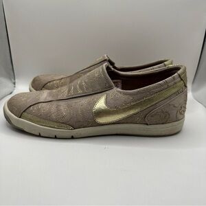 Nike Women's Slip-On Sneakers in Taupe with Gold Swoosh